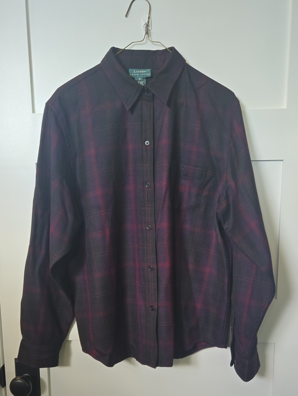 Lauren Ralph Lauren Black and Burgundy Plaid Button-Down Shirt XL